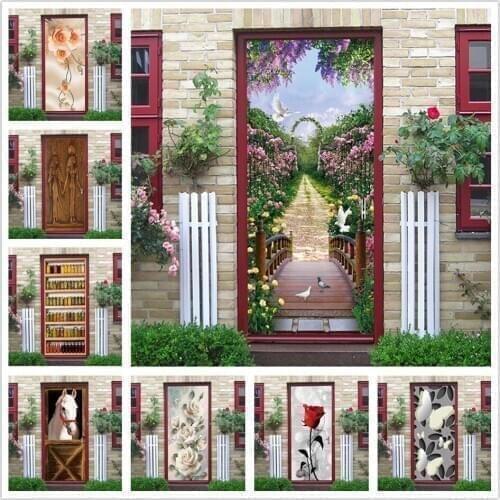 Flower Door Mural Home Design Living Room Adhesive Waterproof Poster Stickers on the Doors Decal Removable Wallpaper deursticker