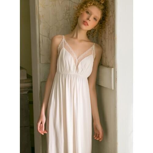 Sexy V-neck White Lace Nightgowns Womens Sleeveless Sleepwear Loose Viscose Night Dress