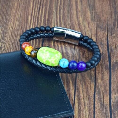 New Chakra Men Bracelet 7 Color Natural Yoga Healing Stone Beads Bracelets Black Genuine Leather Hommes Pulseras Jewelry Gifts