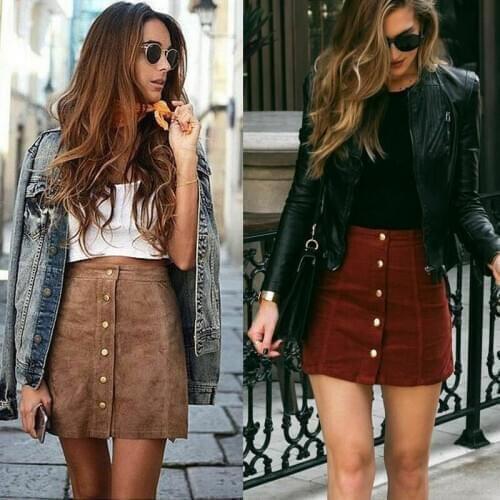 Hirigin Autumn Suede Leather Skirt Women High Waist Lace Up Suede Leather Pocket With Button Preppy Short Mini Skirts