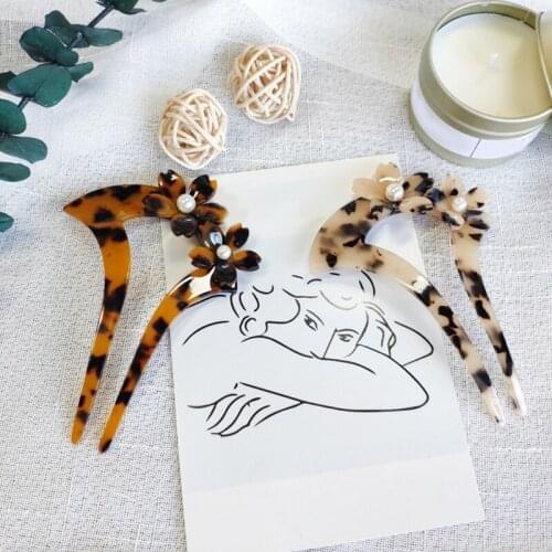 Japanese Style Celluloid Acetate Hair Stick Fork Vintage U-Shaped Tortoise Shell Updo Chignon Pin 3D Floral Pearl Jewelry Bun Ho