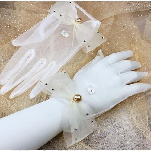 Womens elegant white color beaded bow mesh glove female spring summer sunscreen lace driving glove R3053