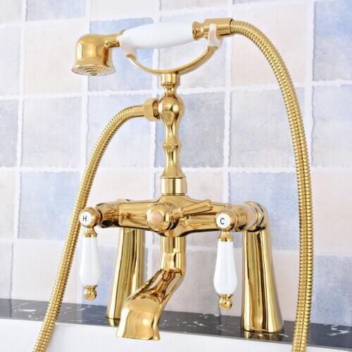 Luxury Gold Color Brass Double Ceramic Handles Deck Mounted Claw Foot Bathroom Tub Faucet Mixer Tap With Handshower mtf783