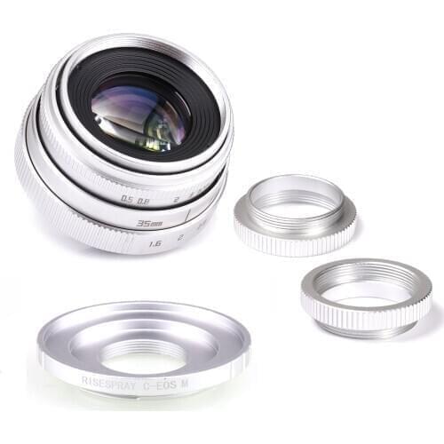 Silver Mini 35mm f/1.6 APS-C CCTV Lens+adapter ring+2 Macro Ring for Canon EF-M EOSM Mirroless Camera M1/M3/M5
