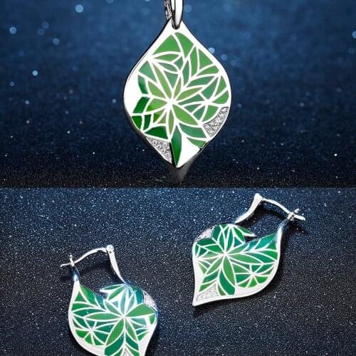 Tree of Life Nature Leaves Shape 925 Sterling Silver Jewelry Set for Women Pendant Necklace Earrings Green Enamel AAA+ Zircon