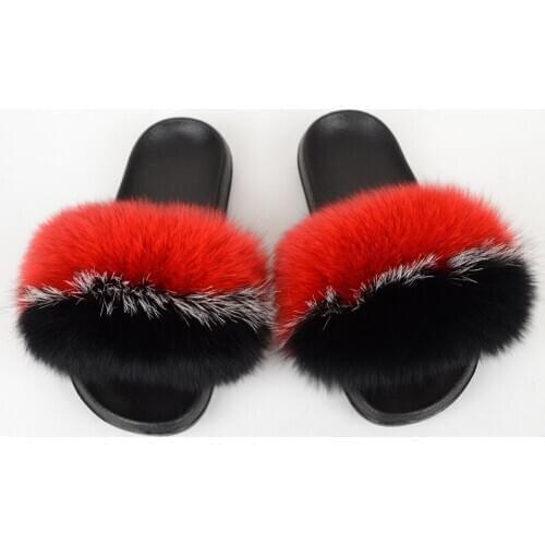 Women Fashion Furry Slides Fluffy Soft Fox Fur Slippers Plush Sandals Summer Outdoor Casual Beach Flip Flops Cute Home Fur Shoes