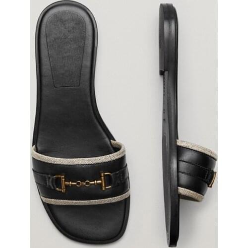 Jenny&Dave slippers women Flip Flops Slippers Women Enlgand Office Lady Fashion Linen Weave D Gold Buckle Woman Slides Shoes