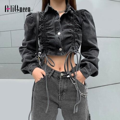 Streetwear Vintage Pleated Button Jeans Jacket Women Drawstring Short Denim Coats Female Fashion Denim Mujer Jacket Crop Tops