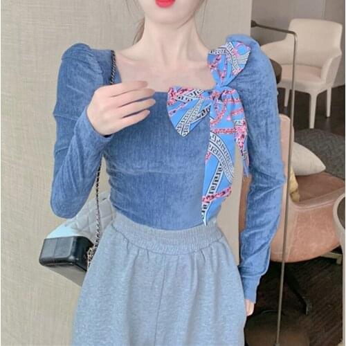 WKFYY Women Autumn Elegant Velvet Blue Square Collar Long Puff Sleeve Slim Skinny Appliques Scarf Ribbon Bow Blouse Tops B4029