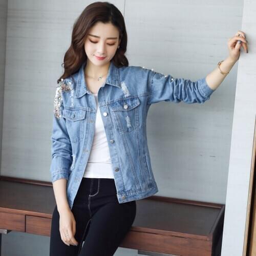 Women Basic Coat BF style Denim Jacket Women Beaded sequins Denim Denim Jacket For Women Jeans Jacket Women Denim Coat loose