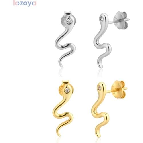 Lozoya 925 Sterling Silver Slim Snake Stud Earring Pendientes Women Luxury Crystal Simple Small Women Earrings Rock Jewelry