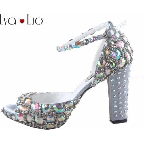 CHS914 DHL Custom Made Multicolor AB Rhinestones Ankle Strap Block heel high heel Women Shoes Dress Pumps Bridal Wedding Shoes