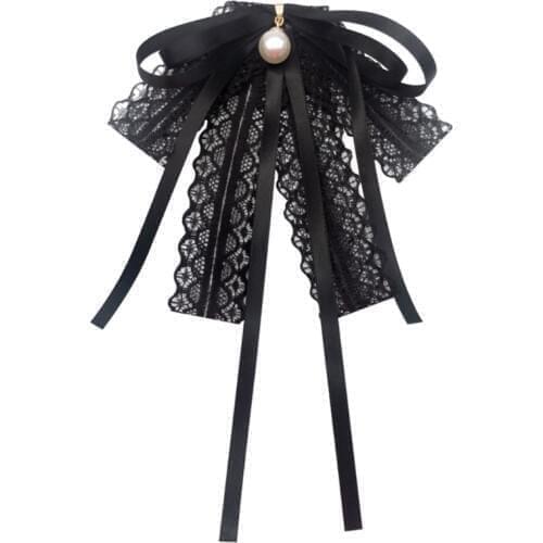 Women Girls Black Lace Ribbon Bow Tie Faux Pearl Pendant Brooch Pin Necklace Uniform Shirt Blouse Pre-Tied Jabot Collar
