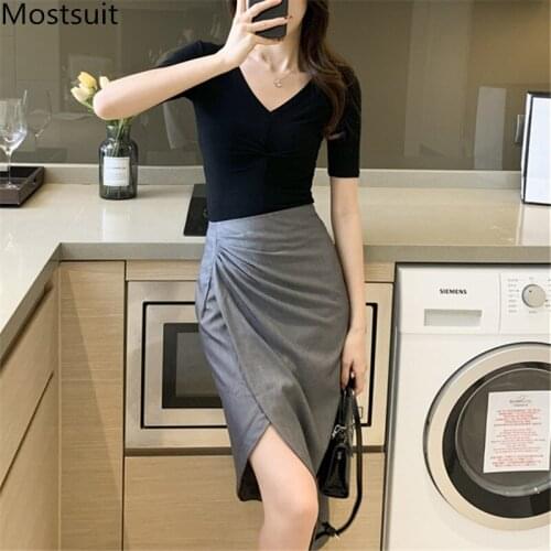 2021 Summer Fashion Two Piece Skirt Set V-neck Tops + Asymmetrical Skirt Suits Office Ladies Workwear Matching Set