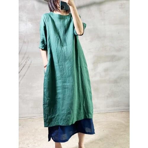 Women Ramie Solid Color Loose Dress Ladies Retro Summer Half Sleeve Ramie Dresses Female Vintage Round Neck Dress 2020