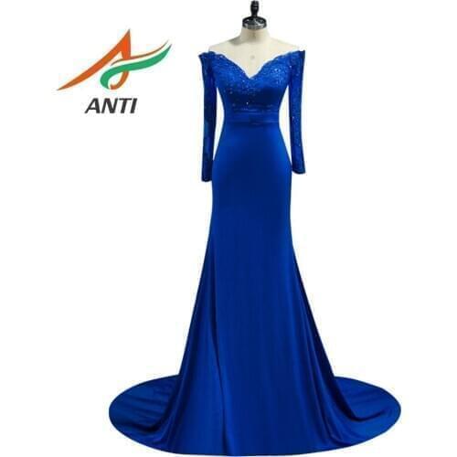 ANTI Elegant Blue Mermaid Evening Dress Vestido De Festa Appliques Long sleeve V-Neck Robe De Soiree Formal Party Evening Gowns