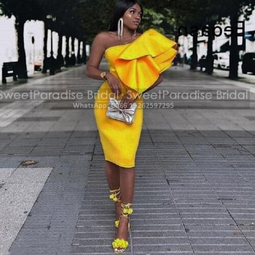 Gold Yellow Sheath Robes De Cocktail Dresses With Ruffle One Shoulder Knee Length Mini Dress Party Formal Gown