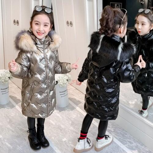 2021 Fashion Girls Clothes Coat Thicken Warm Bright Winter Jacket For Girls Faux Fur Hooded Parkas Children Outerwear Snowsuit