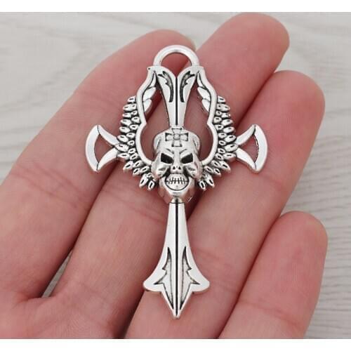 3 x Large Metal Cross Skeleton Skull Charms Pendants for Necklace Jewelry Making Findings 61x38mm