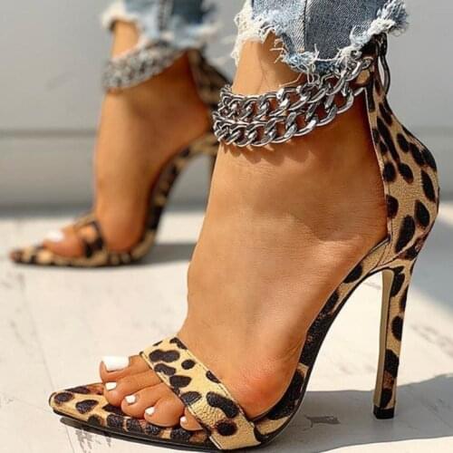 High Heels Sexy Style Pointed Ankle Chain Leopard Stripe Womens Sandals Summer Date Non-Slip Wear-Resistant High Heels