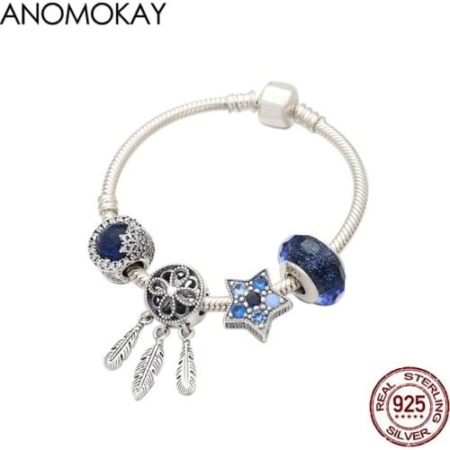 Anomokay Classic Dark Blue Star Moon Series Charm Silver Bracelet 100% Sterling 925 Silver Dream Catcher Pendant Bead Bracelet