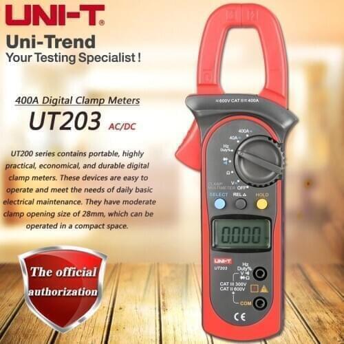 UNI-T UT203 400A AC DC Digital Clamp Meter Resistance / Frequency Test Duty Cycle Relative Measurement Digital Hold Auto Shutdow
