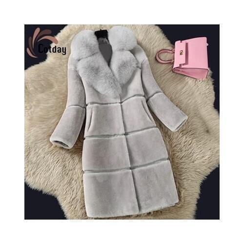 Cotday Slim 2021 Fashion Korean Womens Sheep Fleece Fur Splicing Autumn Winter Wram Coat Medium Length Fox Fur Collar Fur Coat