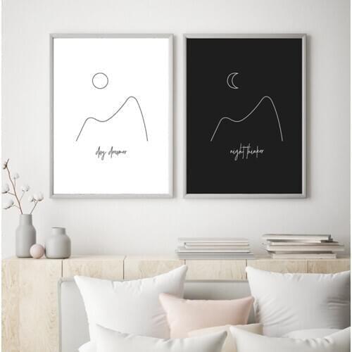 Day Dreamer Night Thinker Prints Minimal Black White Gallery Wall Picture Sun & Moon Line Drawing Art Canvas Painting Home Decor