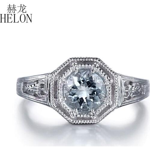 HELON Solid 14K White Gold Flawless Round 6mm Aquamarine Engagement Wedding Gemstone Ring For Women Party Gift Fine Jewelry