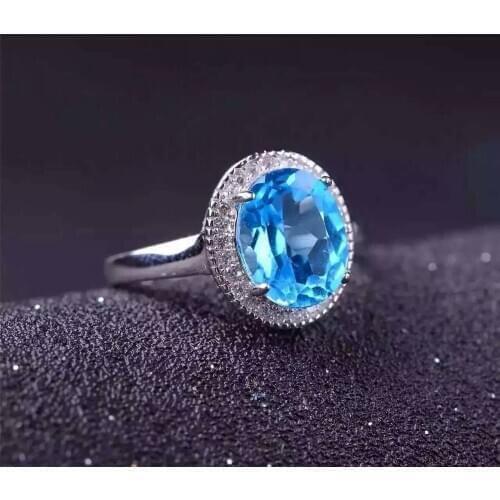 Natural blue topaz Ring Natural gemstone Ring S925 sterling silver ring trendy Classic luxurious round women party gift Jewelry