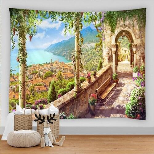 Corridor Scenery Wall Hanging Beautiful Ancient Architecture Print Tapestry Sea Beach Wall Cloth Beach Mat Blanket Home Decor