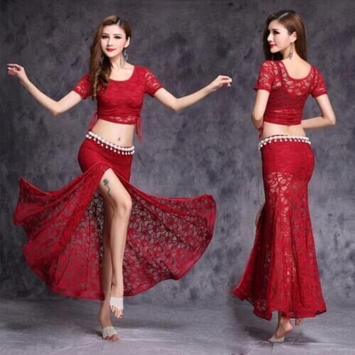 Lace Bellydance Costume 3pcs Top&Skirt&Waist Chain New Model Hot Sale Women Belly Dance Suits Performance Wear Long Skirt