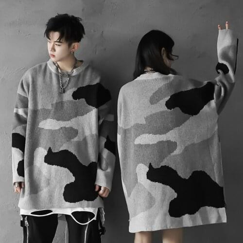 Men camouflage oversize sweater vintage high street knitwear women harajuku casual loose pullover jumper
