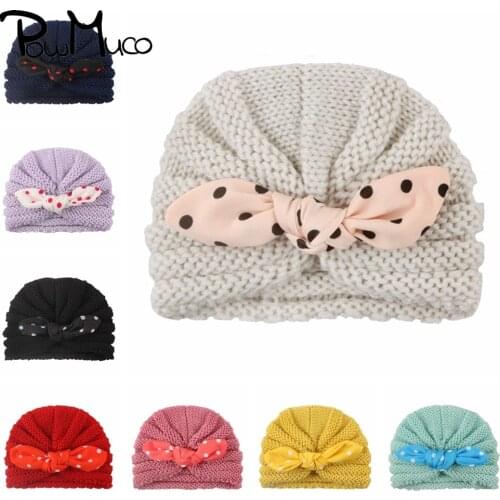 Powmuco 17*13 CM Soft Skin-friendly Warm Knitting Wool Caps Cute Dots Bunny Ears Infant Hats Kids Hair Accessories Holiday Gifts