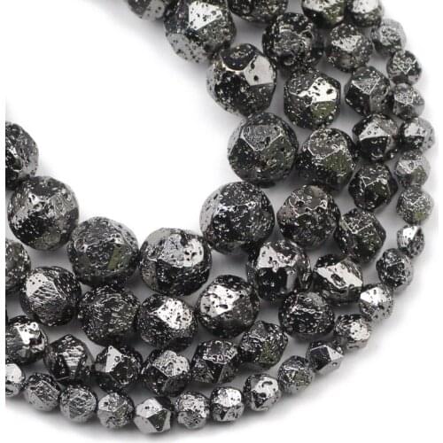 Natural Faceted Black Rock Volcanic Lava Stone Spacers Loose Beads for Jewelry Making DIY Bracelets Accessories 15'' 6/8/10/12mm