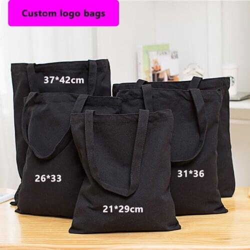 Wholesale 200pcs/lot Eco Reusable Black Cotton Canvas Shopping Tote Bags Natural Fabric Grocery Recyclable Fashion Design Bags