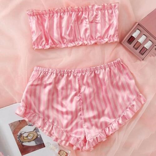Pink Striped Satin Tube Top Pajama Set Fashion Sexy Lace Sleepwear Lingerie Temptation Babydoll Underwear Women Home Nightwear