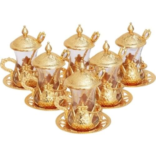 Bazaar Gift Decorative Guest Catering Service For Ottoman Motif With Spoon Tea Presentation Set-Gold Color 6 Pcs