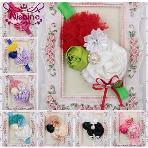 Nishine Christmas Gift Kids Girls Headband Shabby Rose Flower Elastic Headbands Hair Bow Children Hair Accessories Photoshoot