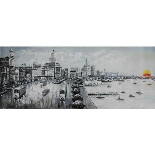 HandPainted White and Black China Shanghai Bund Landscape Oil Canvas Painting Abstract Wall art Picture Painting for Home Decor