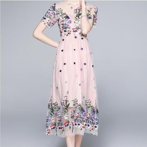 ZAWFL Mesh Embroidery Dress Women Korean Short Sleeve O Neck A-line Dresses Summer Fashion Elegant Party Dress