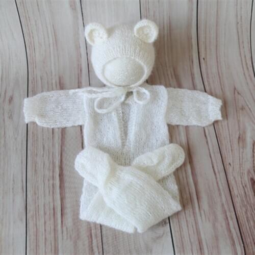 Newborn Photography Hat White Baby Clothing Set Knit Stretch Jumpsuit Infant Romper and Bonnet Crochet Baby Animal Hat