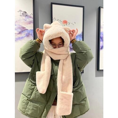 Winter 2021 New Girls Hot Hat With Scarf and Gloves 3 In 1 Cute Bunny Fluffy Plush Earflap Hats Thick Warm Beanie Neck Warmer
