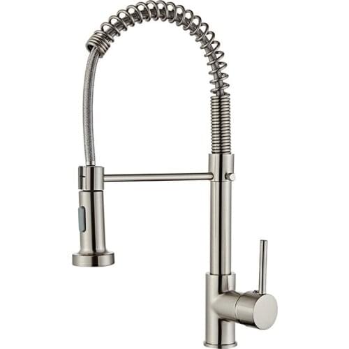 Single-Handle Sink Faucet Pull-Down Sprayer Spring Single Hole Home Kitchen Copper Faucet in Silver