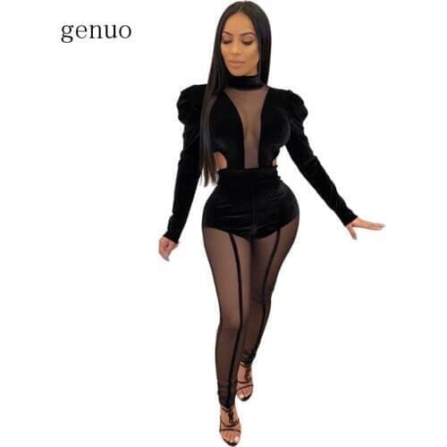 Sexy Women Two Piece Outfits Warm Tracksuits Elegant Velvet Mesh Patchwork Bodysuit And Pant See Through Matching Sets