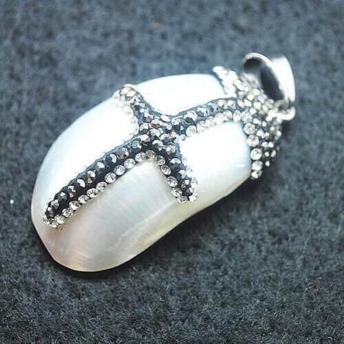 Saltwater shell pendants with cross shape rhinestone tape for women pendants size 40x20mm oval shape wholesale price