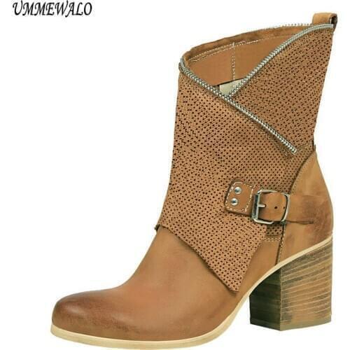 UMMEWALO Ankle Length Flock Boots Women Fashion Round Toe High Heel Shoes Winter Ankle Boots Ladies Shoes