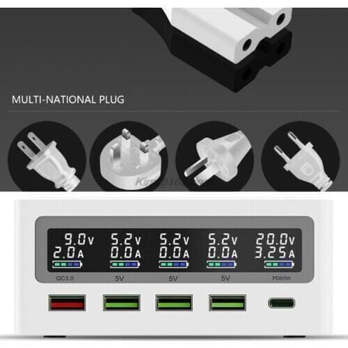 5-Port QC3.0 USB Type C PD 65W Power Adapter Qi Wireless Charger Cellphone Fast Charger Station For Laptop Mobile Phone