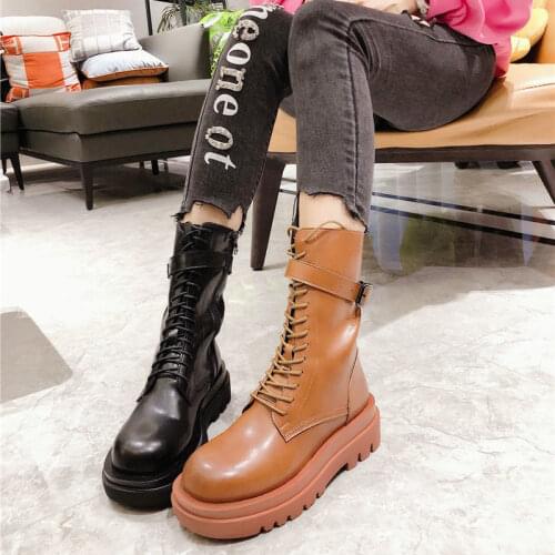 2021 Ins Hot Women Ankle Boots Platform Round Toe 5cm Heel Lace Up And Zip Fashion Shoes For Woman Botas Mujer