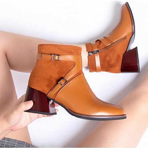 2020 Winter Women Ankle Boots Black Brown Western Cowboy Pointed Toe 4CM Block High Heels Shoes Ladies Booties Zapatos De Mujer